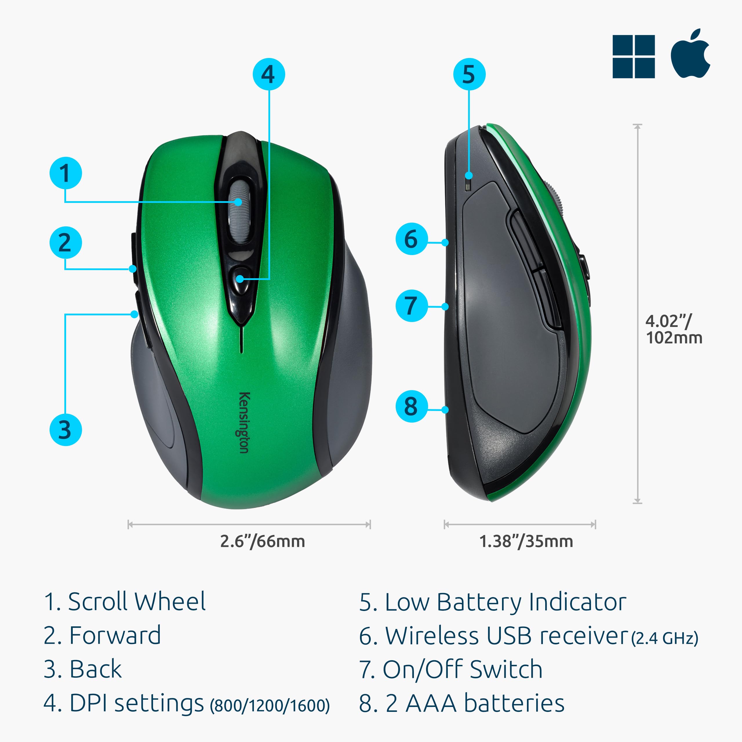 kensington-pro-fit-mid-size-wireless-mouse-emerald-green-k72424am image 2