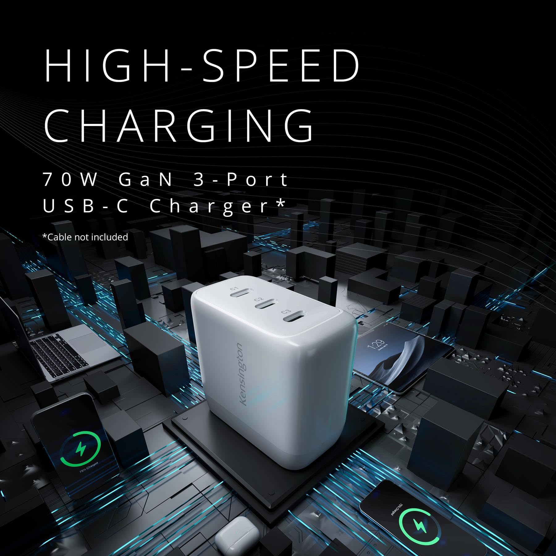 kensington-70w-usb-c-gan-power-adapter-3-port-fast-charger-with-power-delivery-f image 3